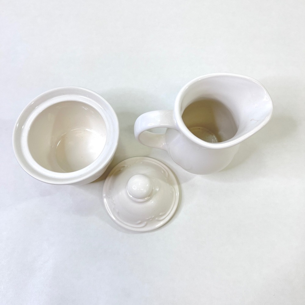 Pfaltzgraff Filigree White Stoneware Sugar Bowl with Lid and Creamer Pitcher Set - Picture 4 of 15